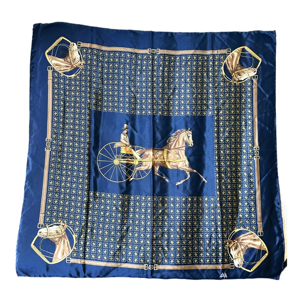 Vintage HAIA Equestrian Horse Blue Satin Scarf 35” x 35”